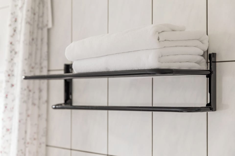 Shower, hair dryer, towels, shampoo