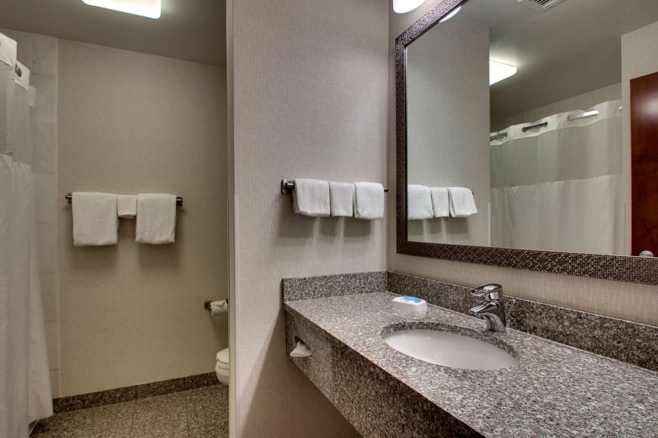 Combined shower/tub, free toiletries, hair dryer, towels