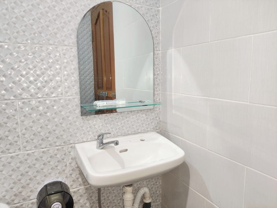 Shower, rainfall showerhead, bidet, towels