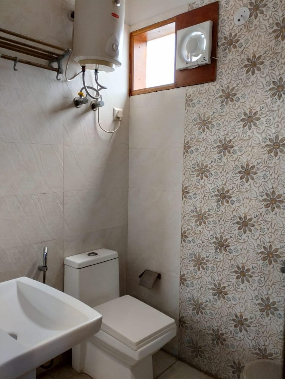 Shower, slippers, towels, soap