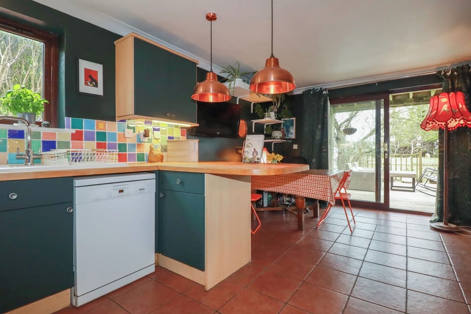 Fridge, microwave, dishwasher, cookware/dishes/utensils