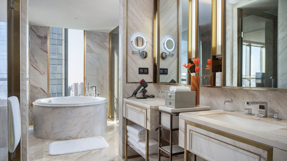 Premium Room, 2 Double Beds, Club Lounge Access | Bathroom | Separate tub and shower, rainfall showerhead, hair dryer, bathrobes