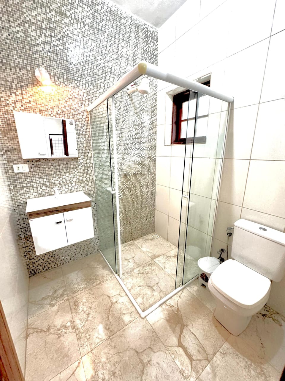 Shower, towels, soap, shampoo