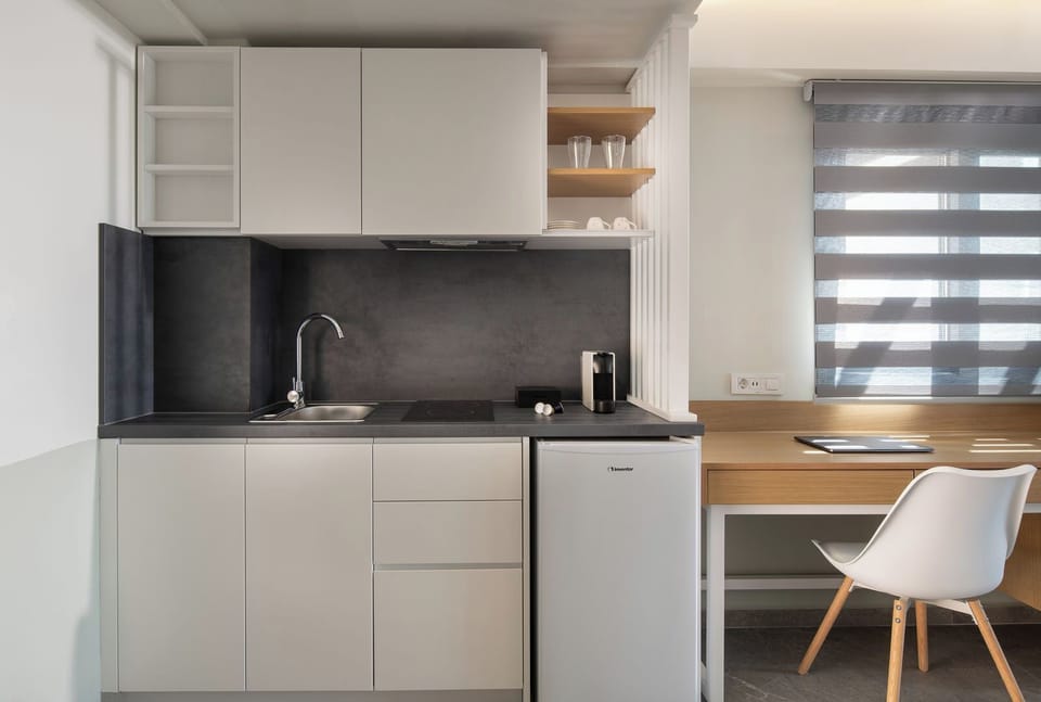 Mini-fridge, stovetop, cookware/dishes/utensils