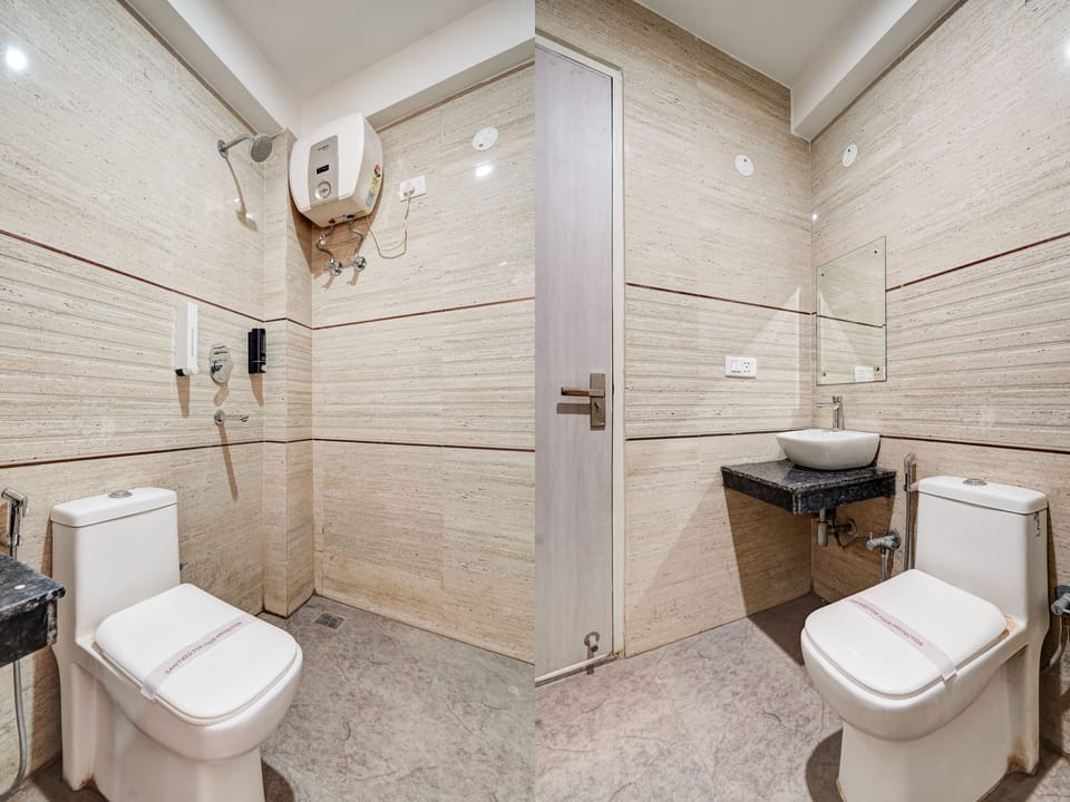 Combined shower/tub, slippers, towels, soap