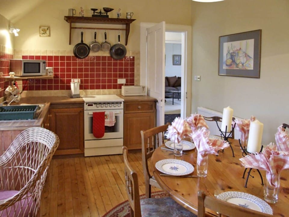 Fridge, microwave, cookware/dishes/utensils