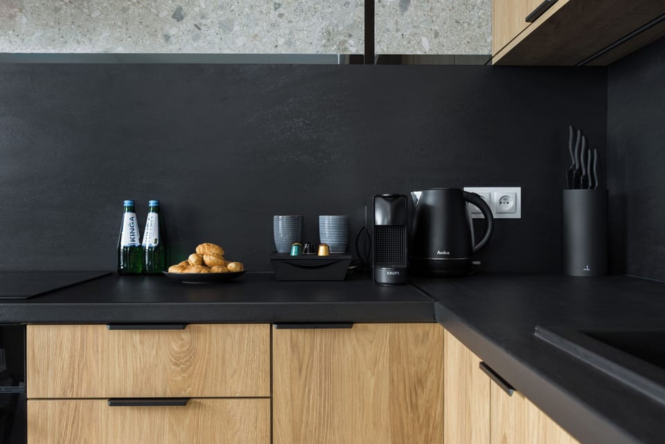 Luxury Apartment, Balcony, City View | Private kitchen | Full-size fridge, microwave, oven, stovetop