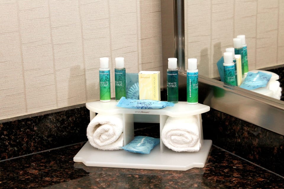 Combined shower/tub, free toiletries, hair dryer, towels