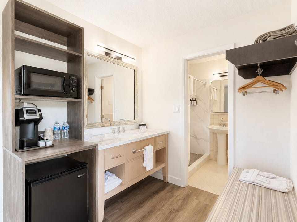 Hair dryer, towels, soap, shampoo