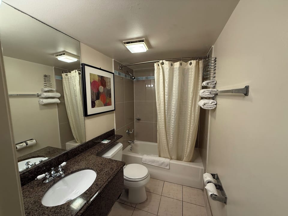 Bathtub, towels, soap, shampoo