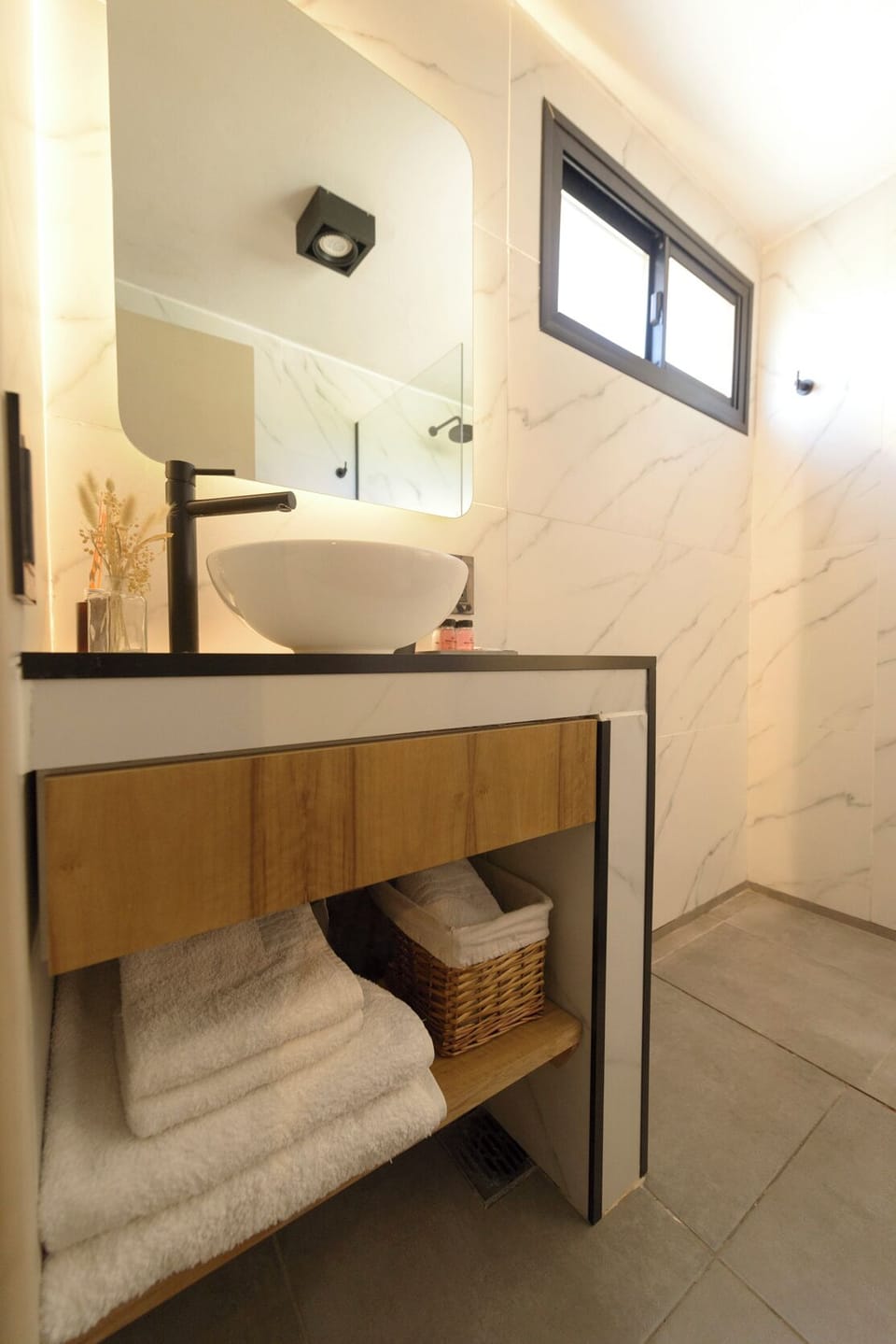 Hair dryer, towels, soap, shampoo