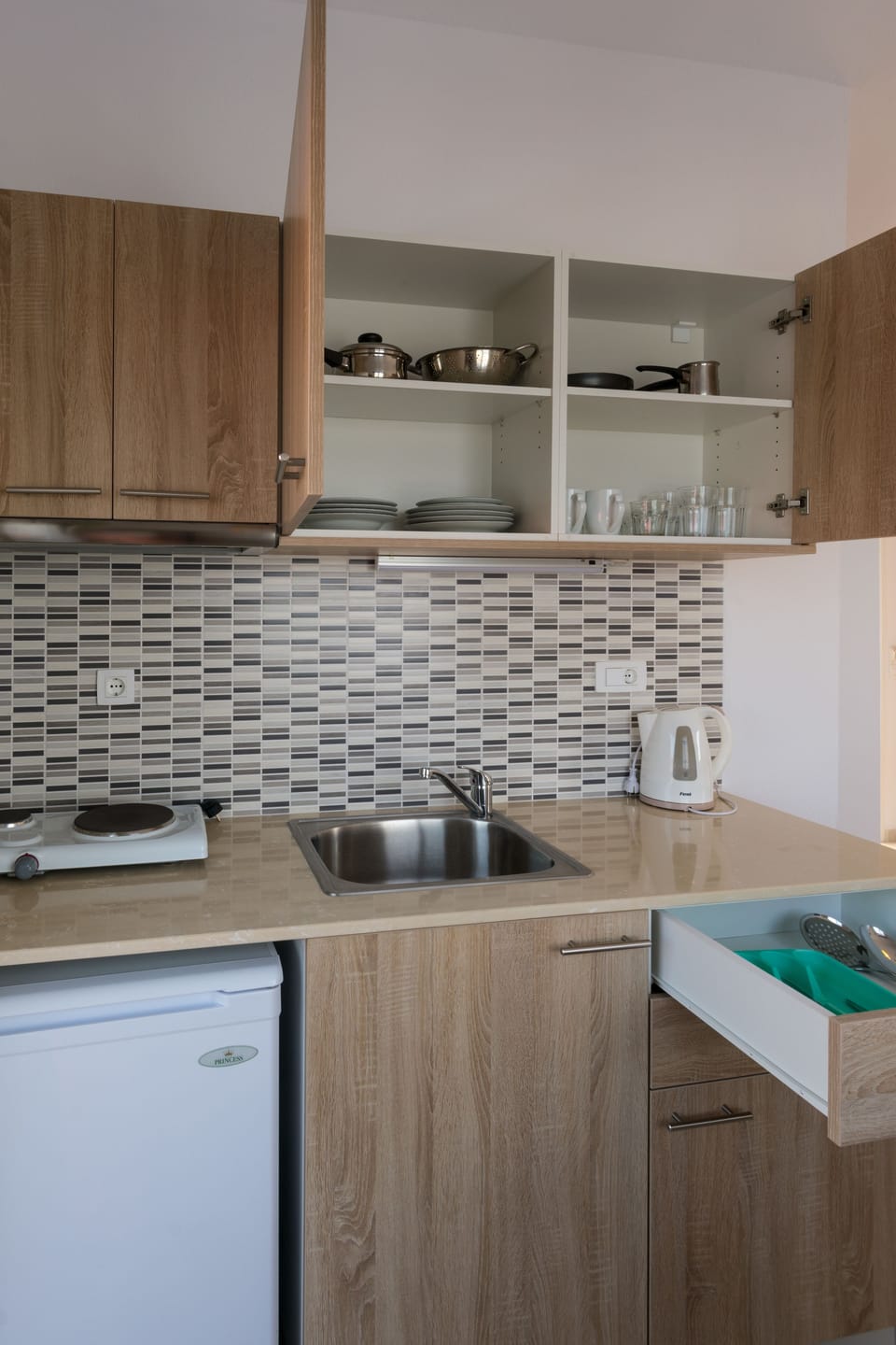 Fridge, stovetop, cookware/dishes/utensils
