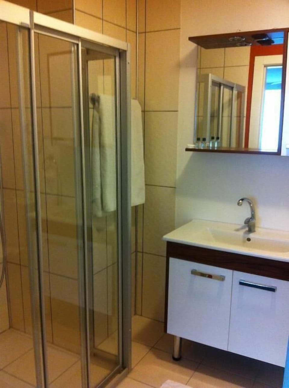 Shower, hair dryer, slippers, towels