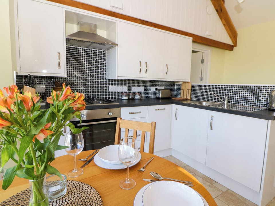 Fridge, microwave, dishwasher, cookware/dishes/utensils