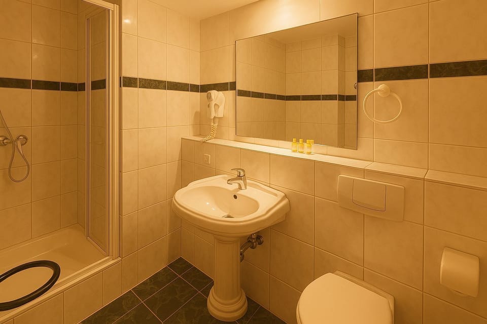 Hair dryer, towels, soap, shampoo