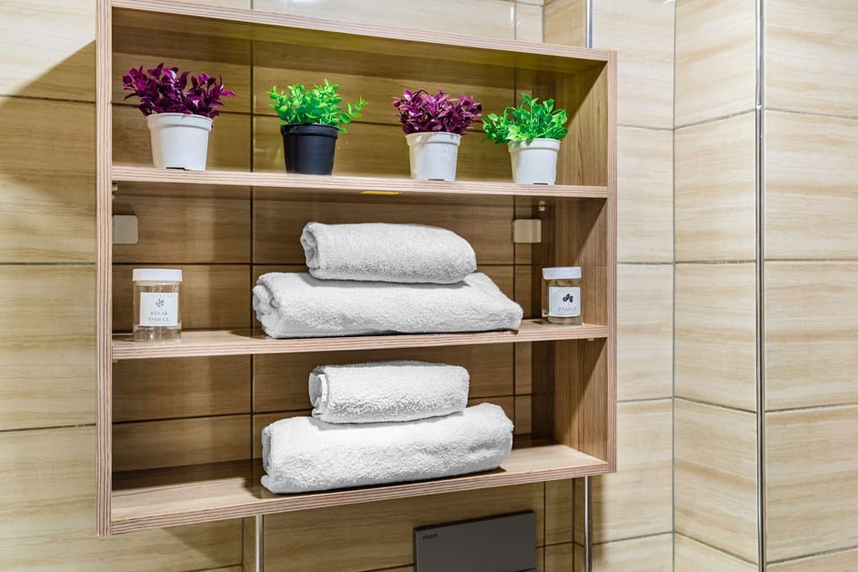 Shower, free toiletries, hair dryer, towels