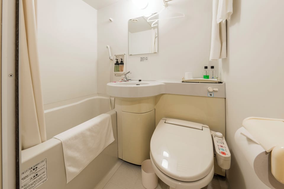 Combined shower/tub, hair dryer, towels, soap