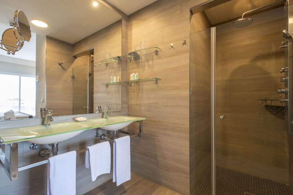 Hair dryer, towels, soap, shampoo