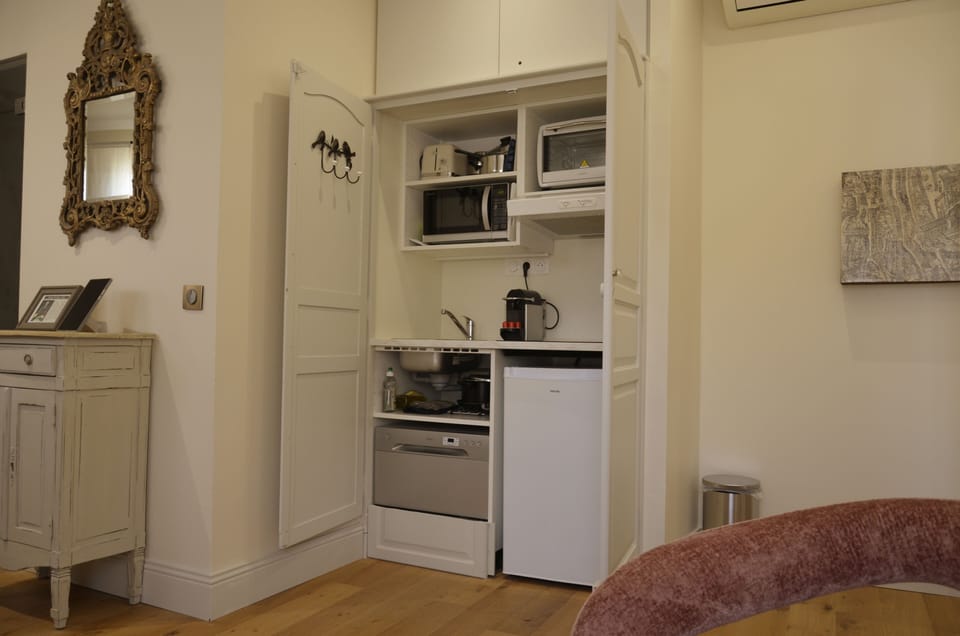 Mini-fridge, microwave, oven, stovetop