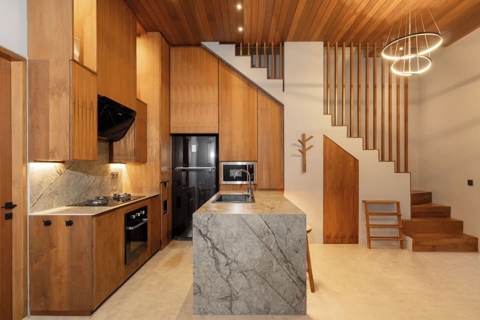 Deluxe Villa, Balcony, Pool View | Private kitchen | Fridge, microwave, oven, stovetop