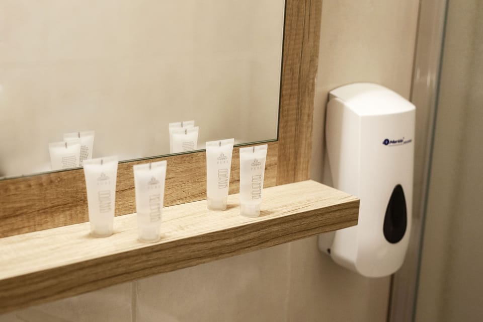 Shower, free toiletries, towels