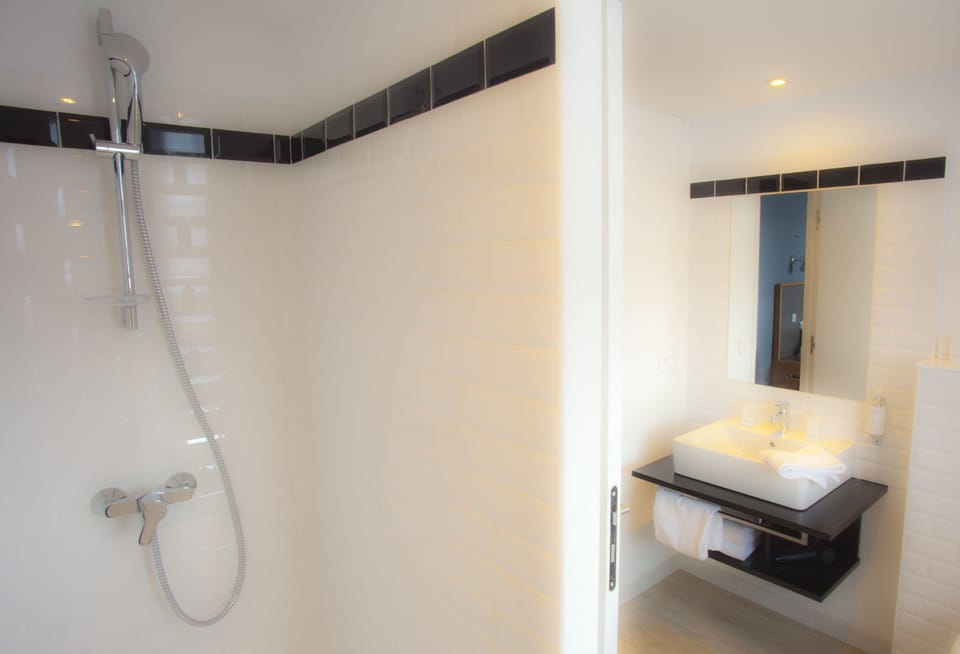 Combined shower/tub, free toiletries, hair dryer, towels
