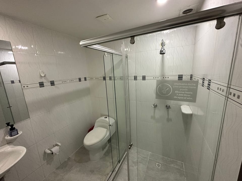 Shower, towels, soap, shampoo