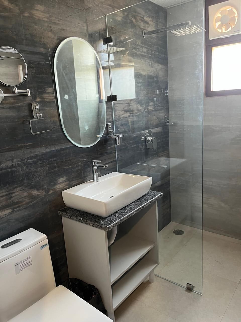 Shower, bidet, towels, soap