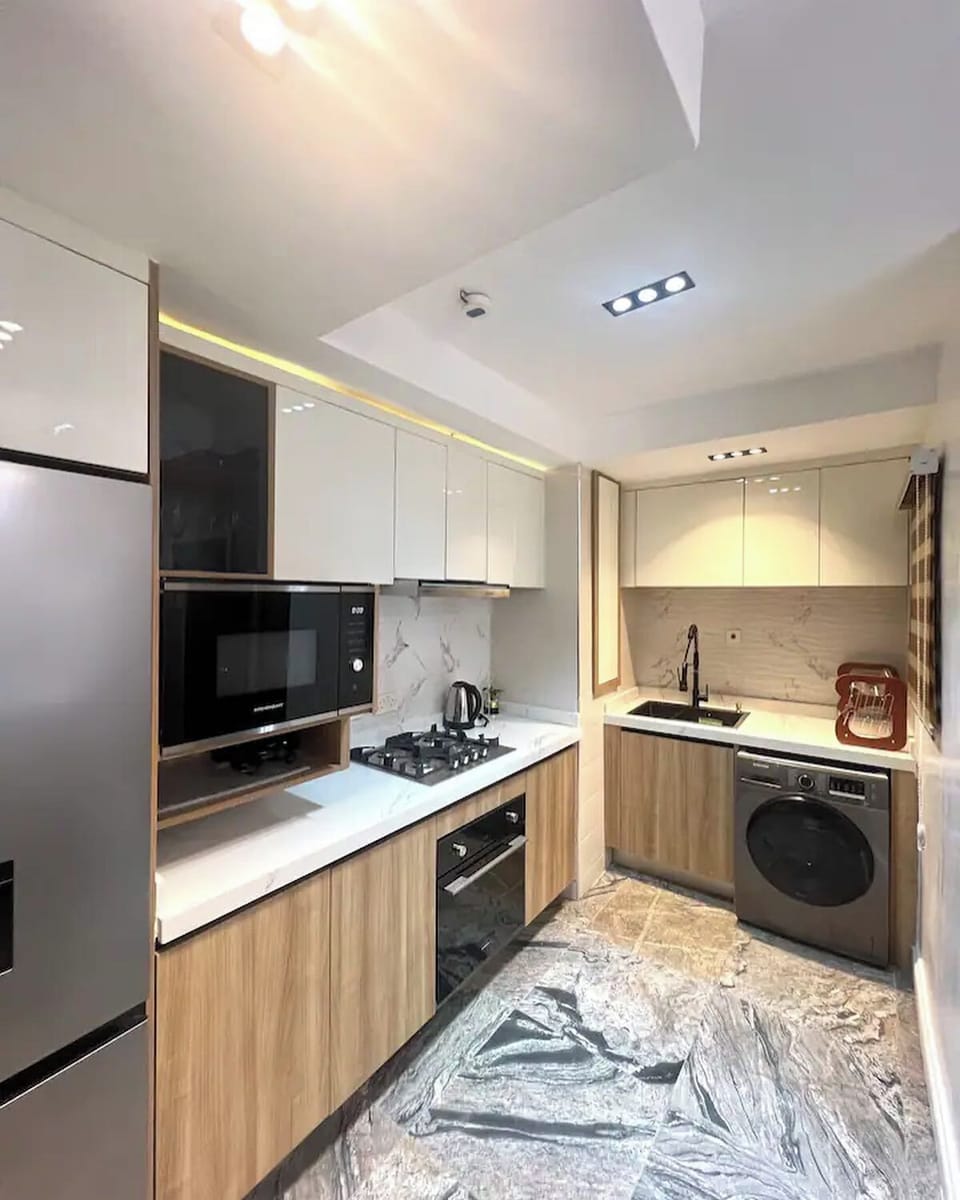 Deluxe Apartment, Balcony, City View | Private kitchen | Fridge, microwave, oven, stovetop