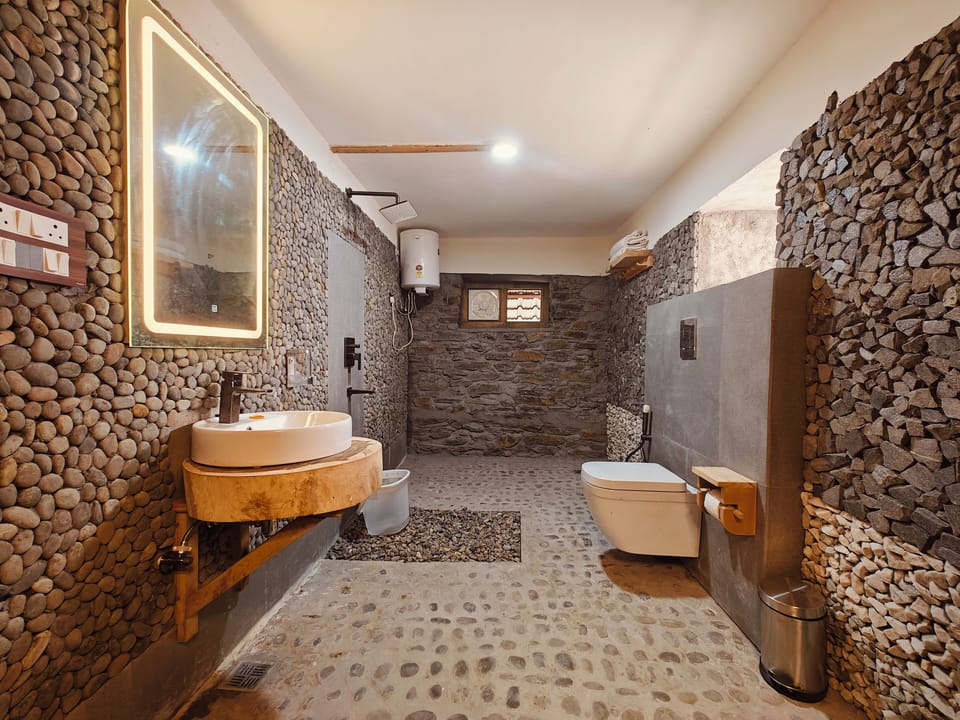Shower, hair dryer, slippers, towels