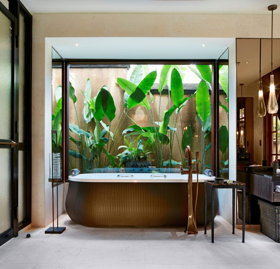 Combined shower/tub, deep soaking tub, hydromassage showerhead