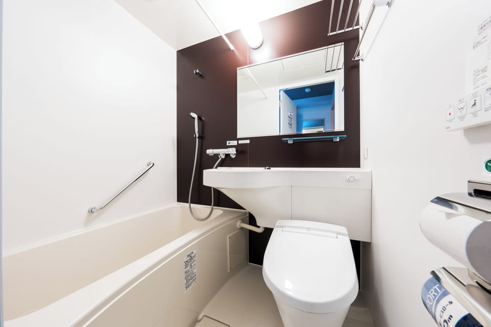 Separate tub and shower, hair dryer, slippers, bidet
