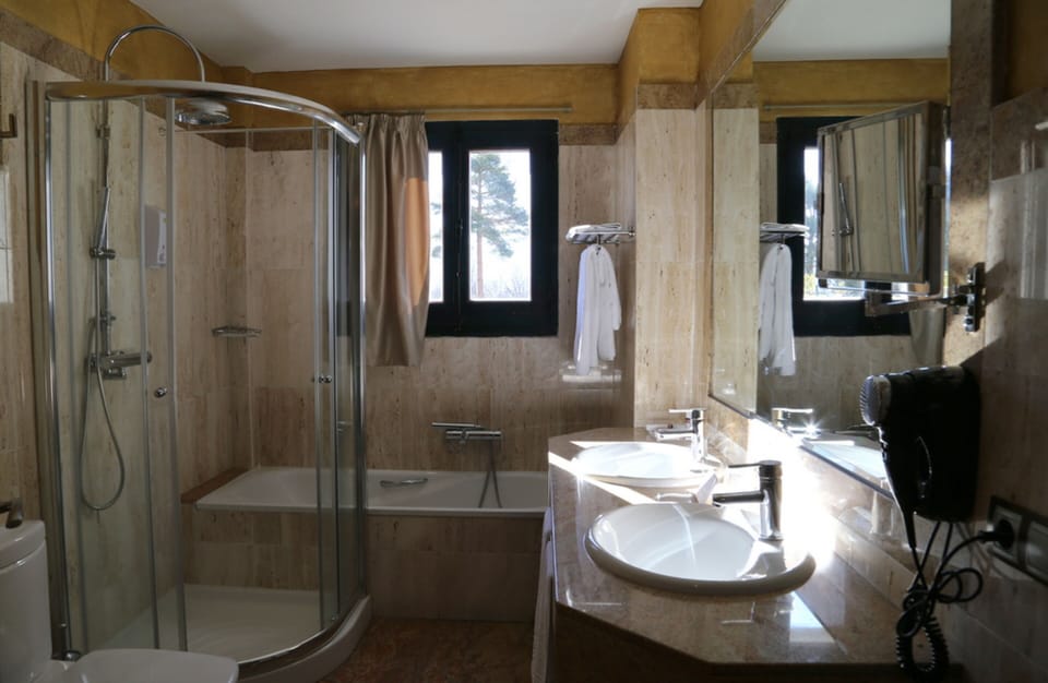 Separate tub and shower, free toiletries, hair dryer, bathrobes