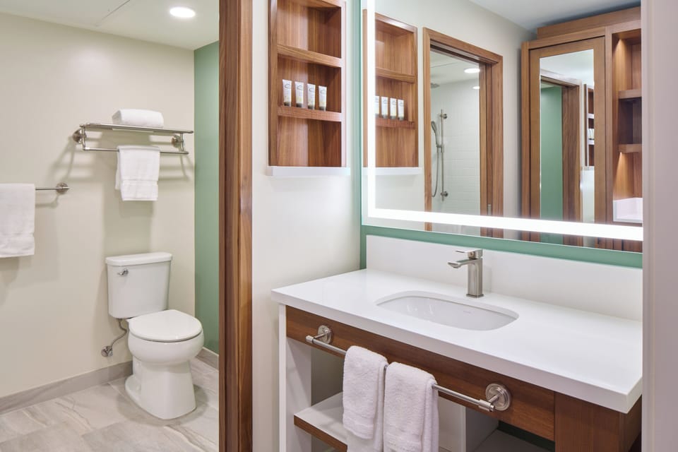 Rainfall showerhead, eco-friendly toiletries, hair dryer, towels