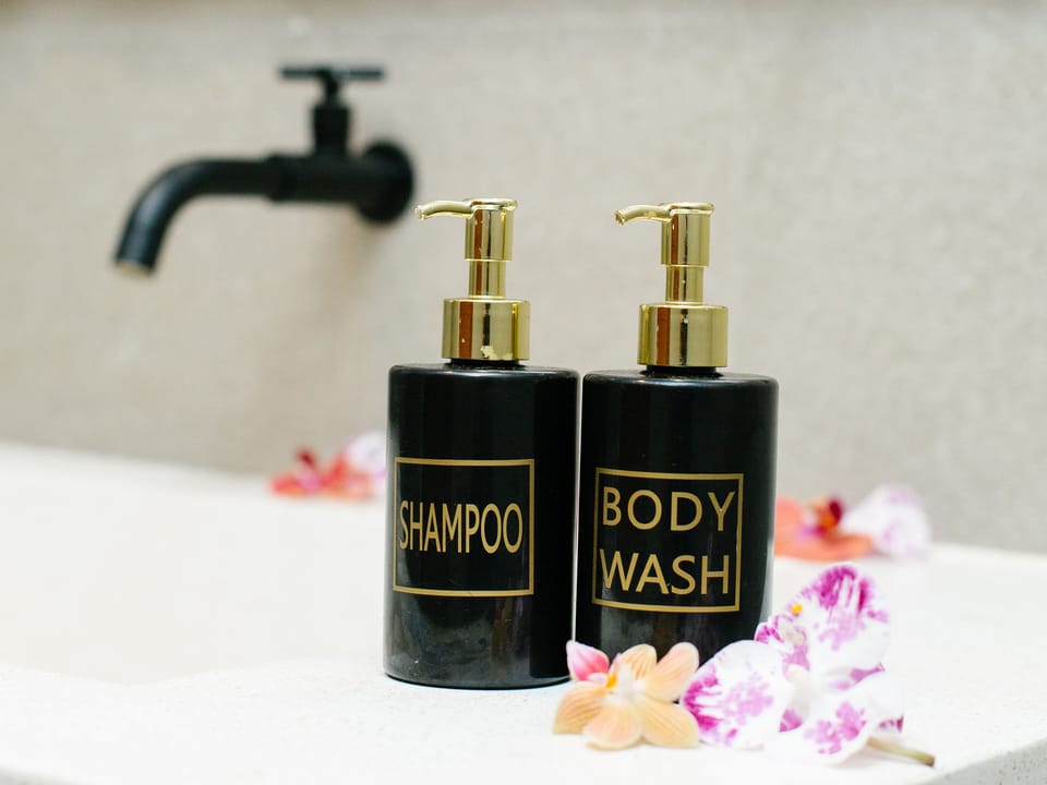 Shower, towels, soap, shampoo
