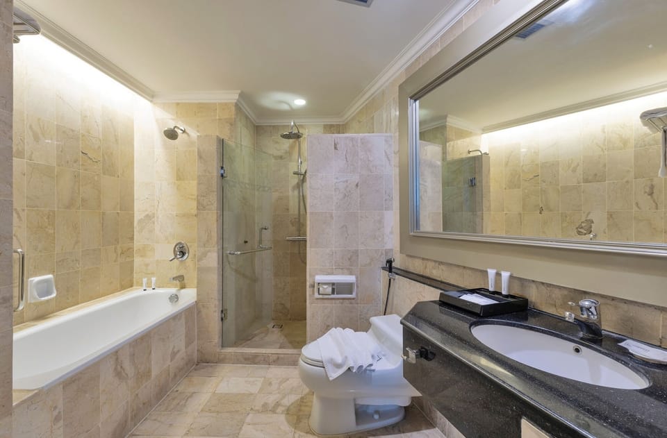 Solitere Suite | Bathroom | Hair dryer, towels, soap, shampoo