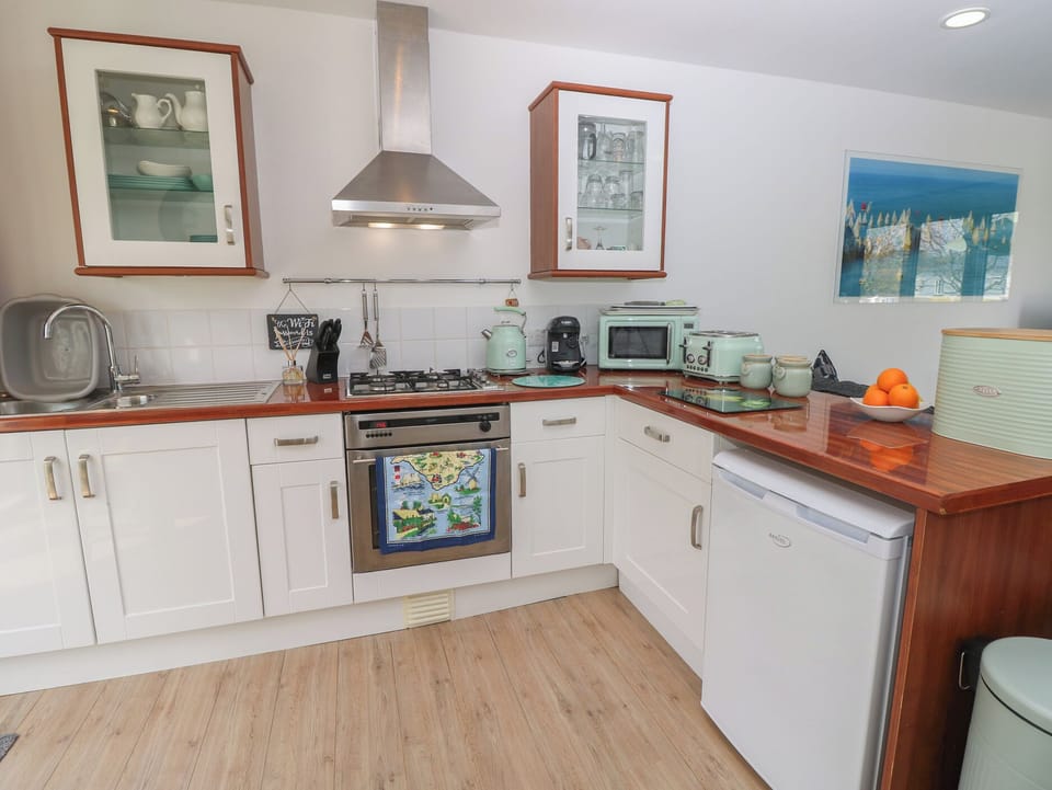 Fridge, microwave, toaster, cookware/dishes/utensils