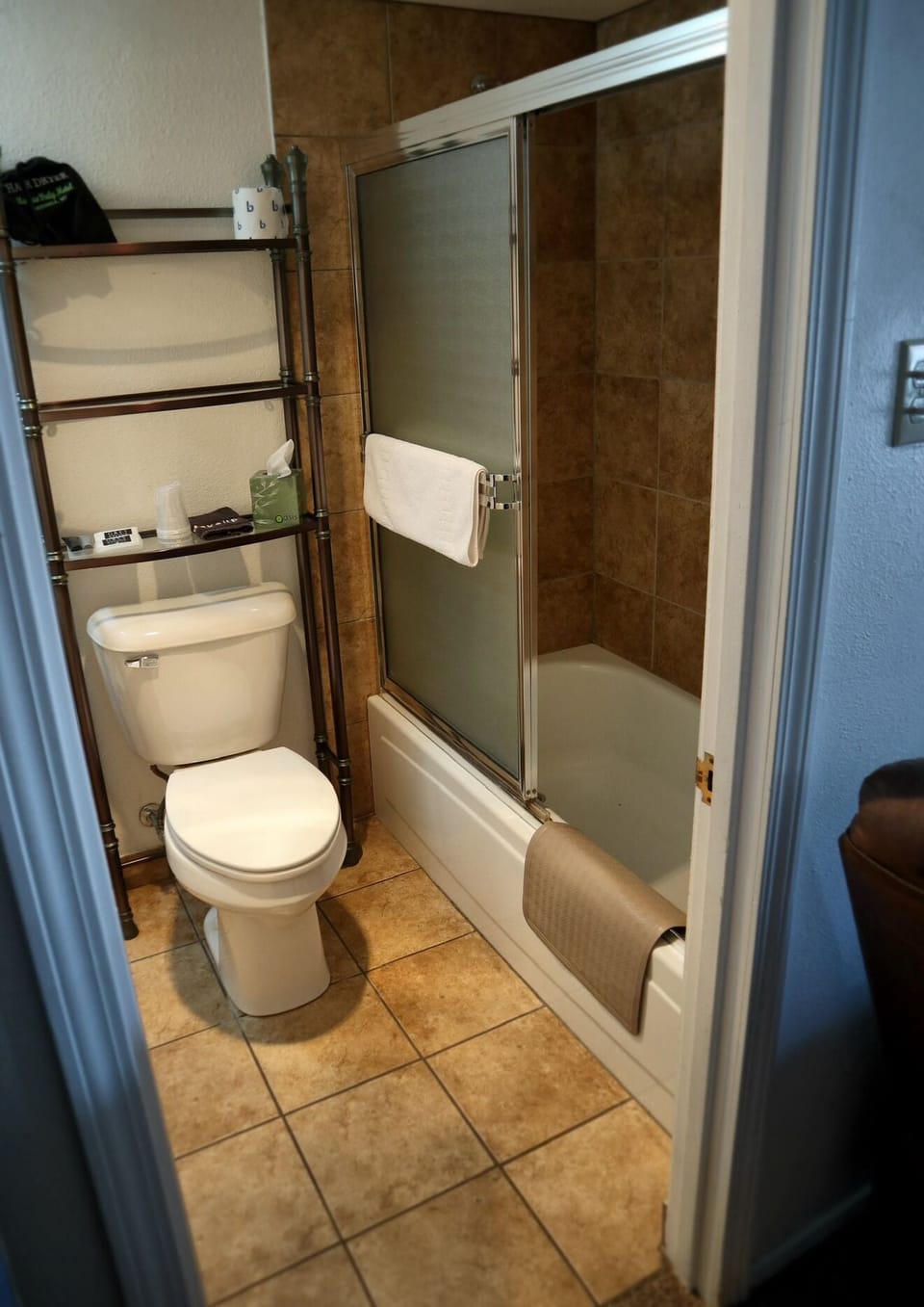 Hair dryer, towels, soap, shampoo