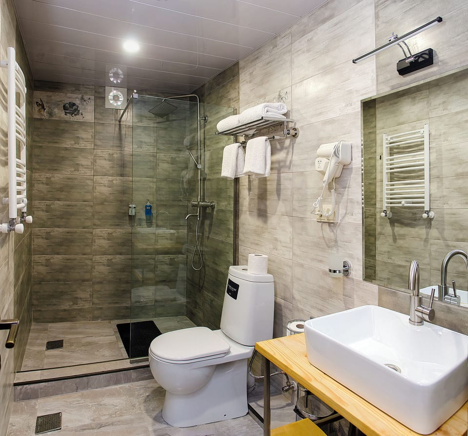 Twin Room, 2 Twin Beds, Balcony, Garden View | Bathroom | Hair dryer, towels, soap, shampoo