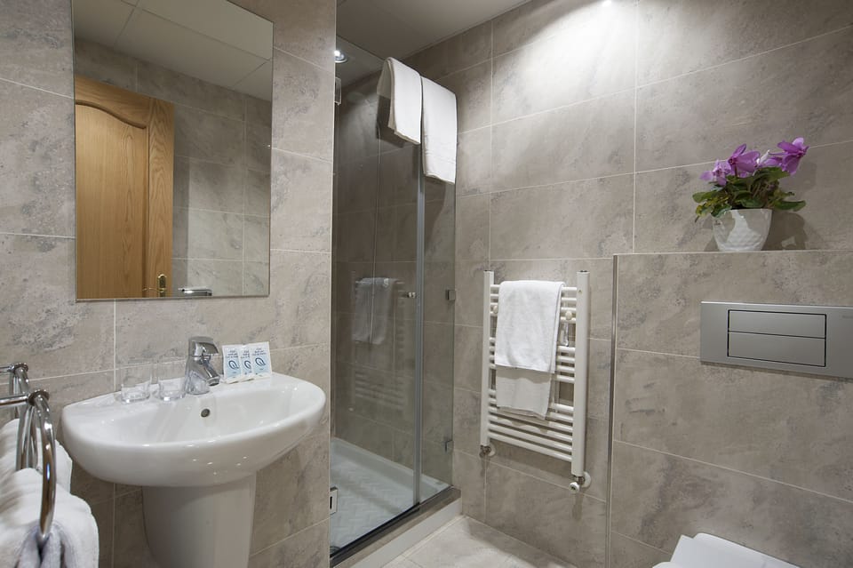 Shower, free toiletries, hair dryer, towels