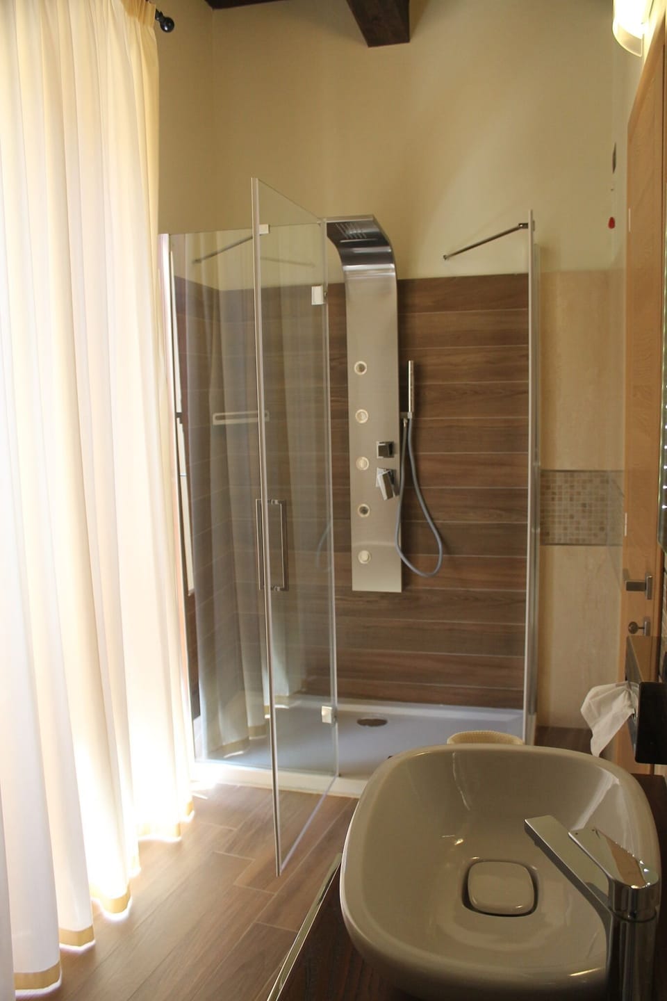 Hair dryer, bathrobes, slippers, towels