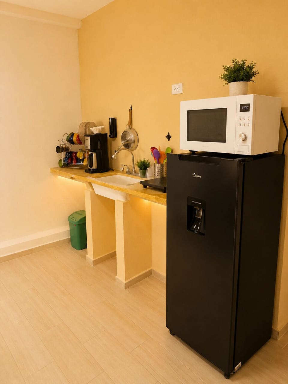 Espresso maker, mini-fridge, microwave, oven