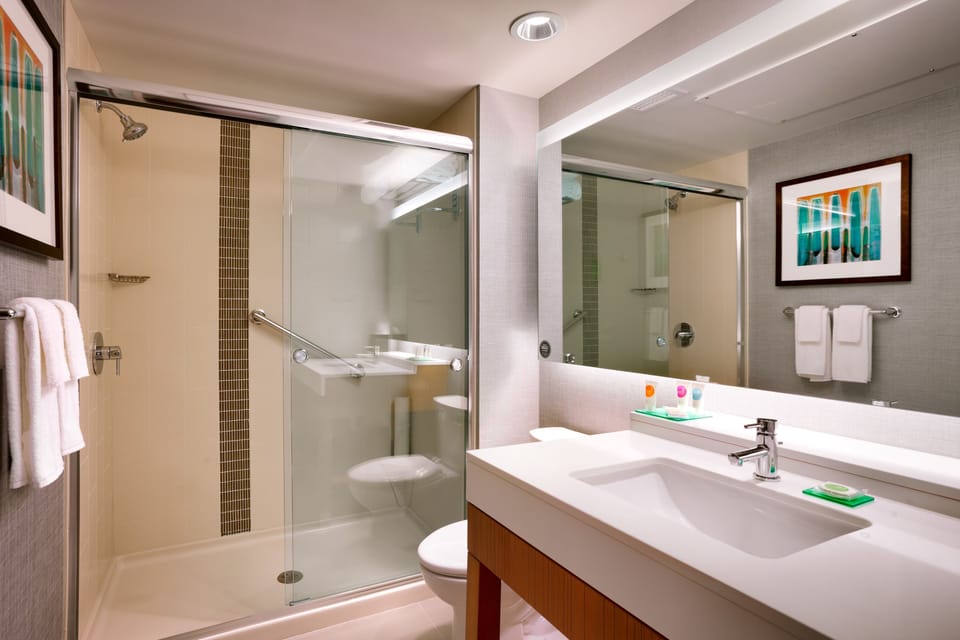 Designer toiletries, hair dryer, towels