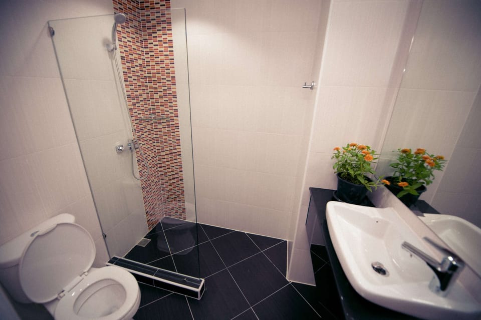 Shower, free toiletries, hair dryer, towels