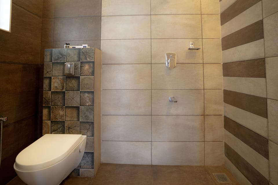 Shower, free toiletries, heated floors, towels