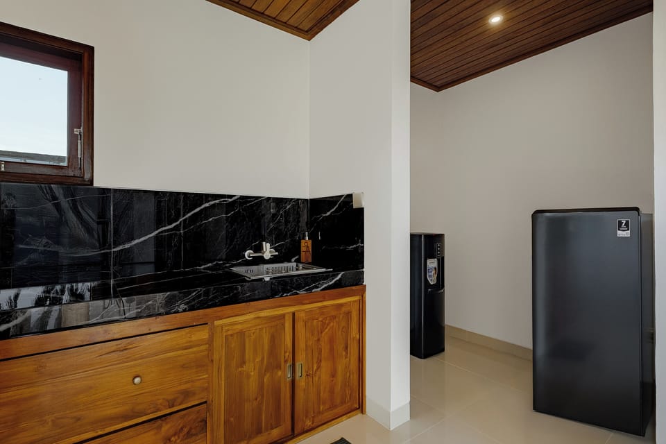 Full-size fridge, stovetop, dishwasher, electric kettle