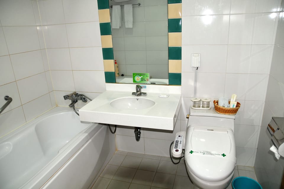 Combined shower/tub, free toiletries, towels
