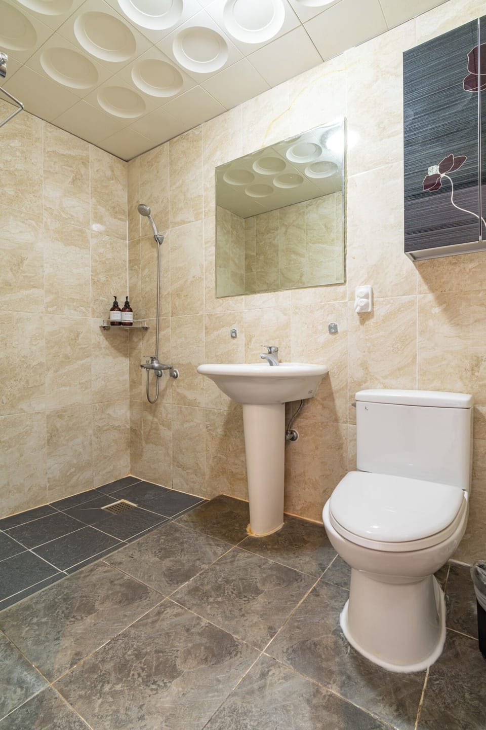 Shower, hair dryer, slippers, towels