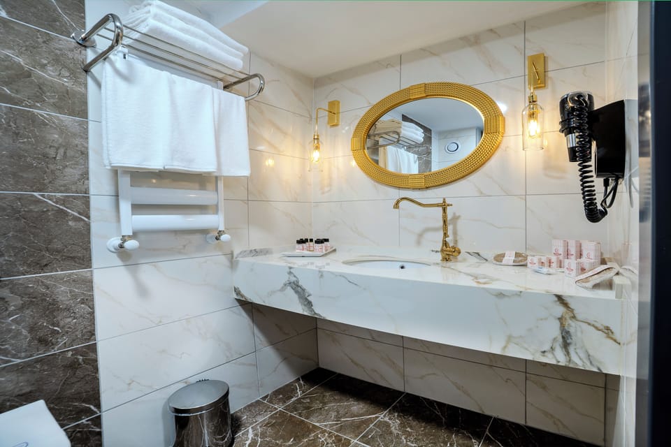 Shower, rainfall showerhead, hair dryer, bathrobes