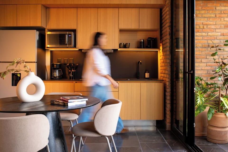 Fridge, microwave, stovetop, espresso maker